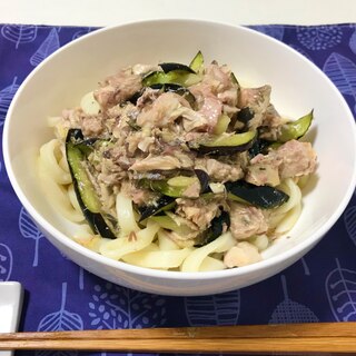 塩揉みナスとサバ缶のぶっかけうどん